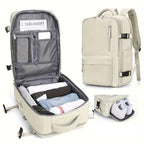 Sac à dos beige multifonction avec compartiments pour vêtements, chaussures et accessoires, idéal pour voyage et organisation, design moderne.