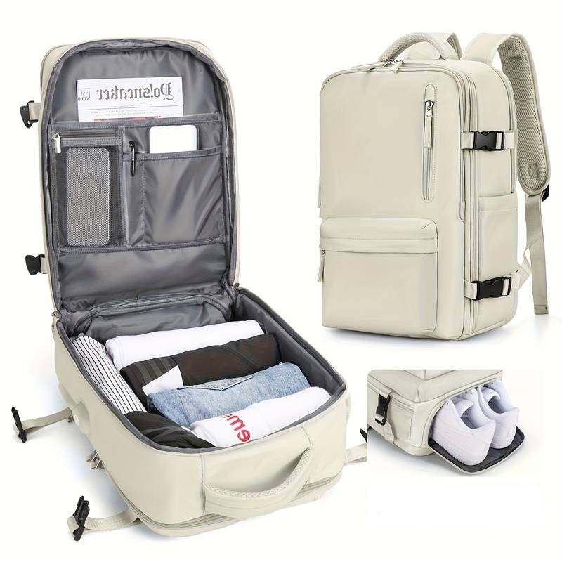 Sac à dos beige multifonction avec compartiments pour vêtements, chaussures et accessoires, idéal pour voyage et organisation, design moderne.