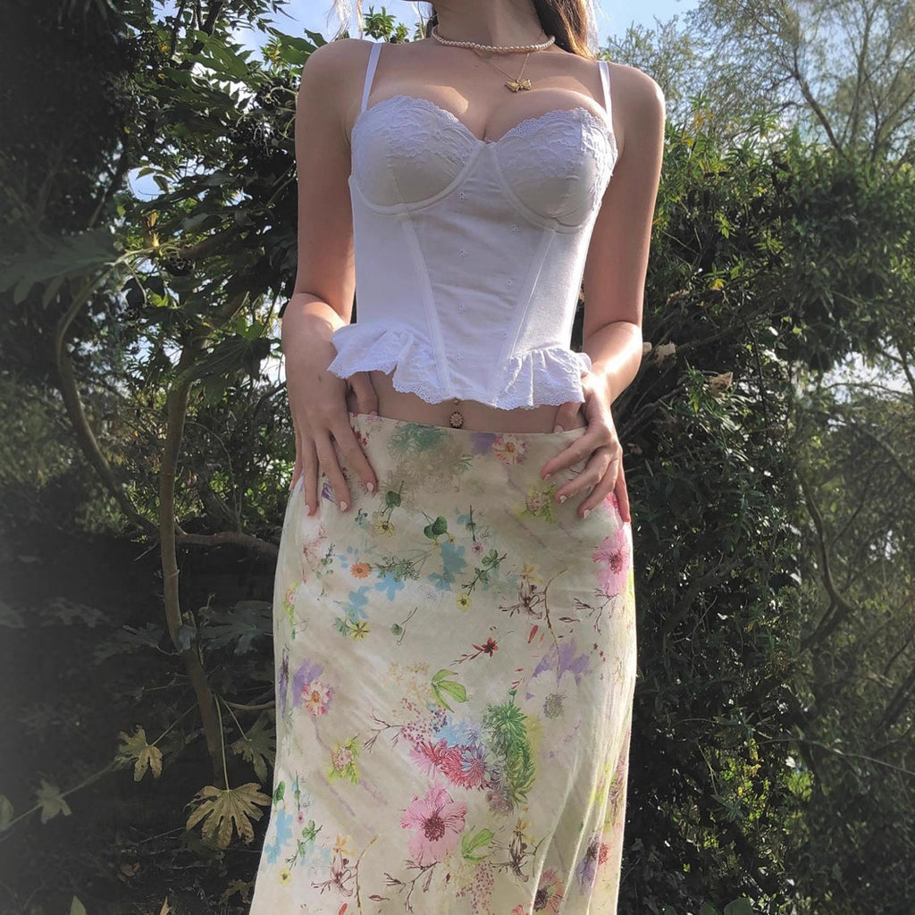 Jupe longue queue-de-poisson à taille amincie, motif floral