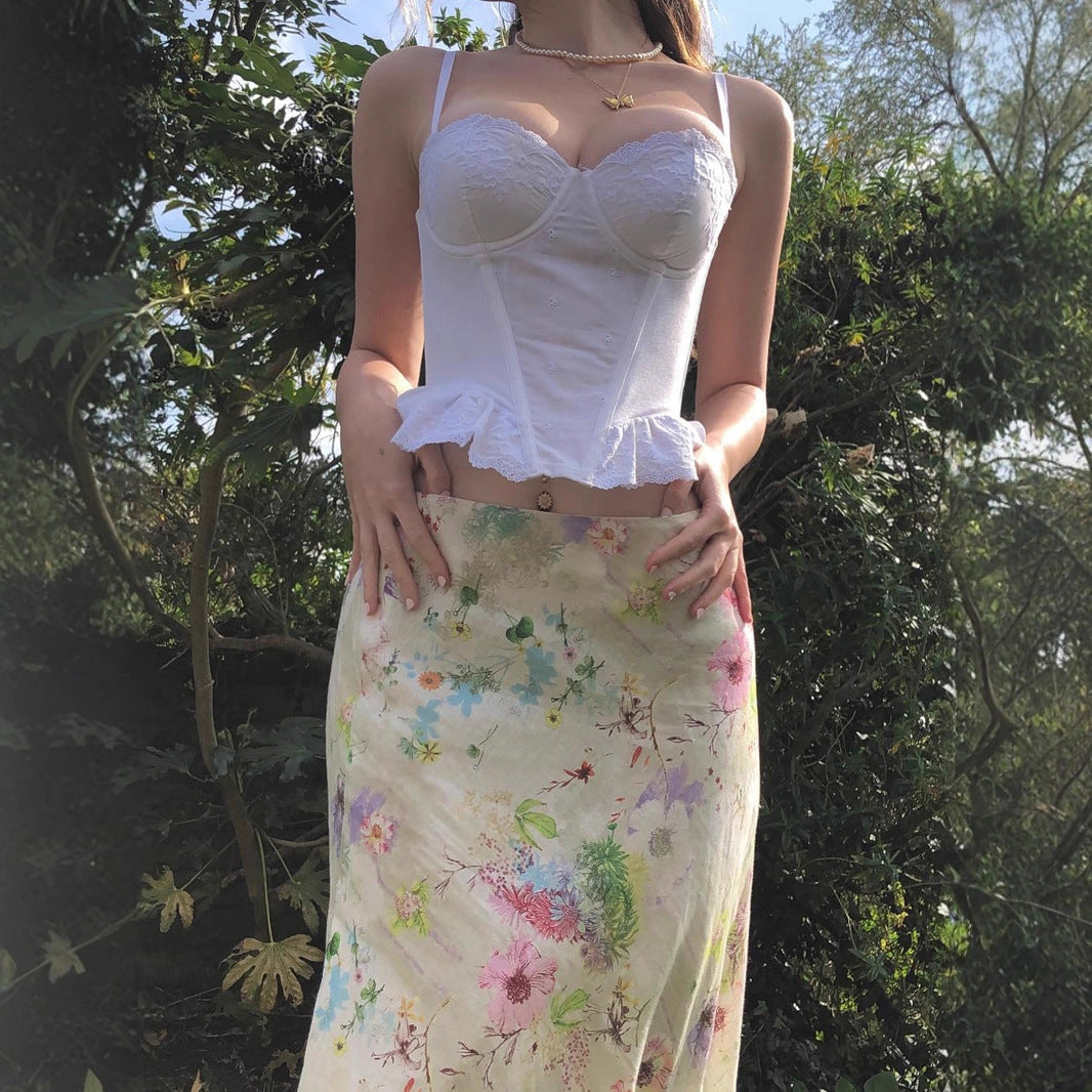 Jupe longue queue-de-poisson à taille amincie, motif floral