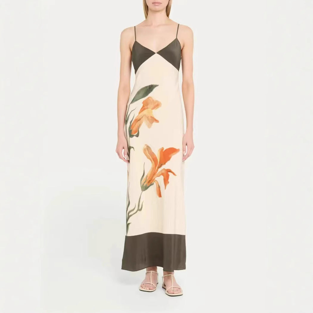 Robe longue fluide col V motif fleuri