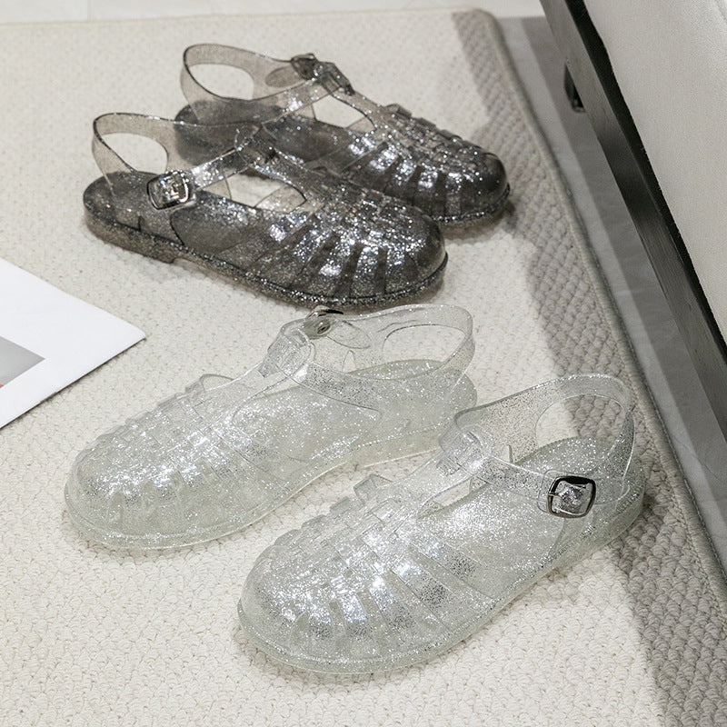 Crystal hollow flat sandals