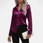 Chemisier boutonné en satin pour femme – Chemise classique à manches longues et revers