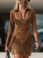 Casual long-sleeved fringed dress
