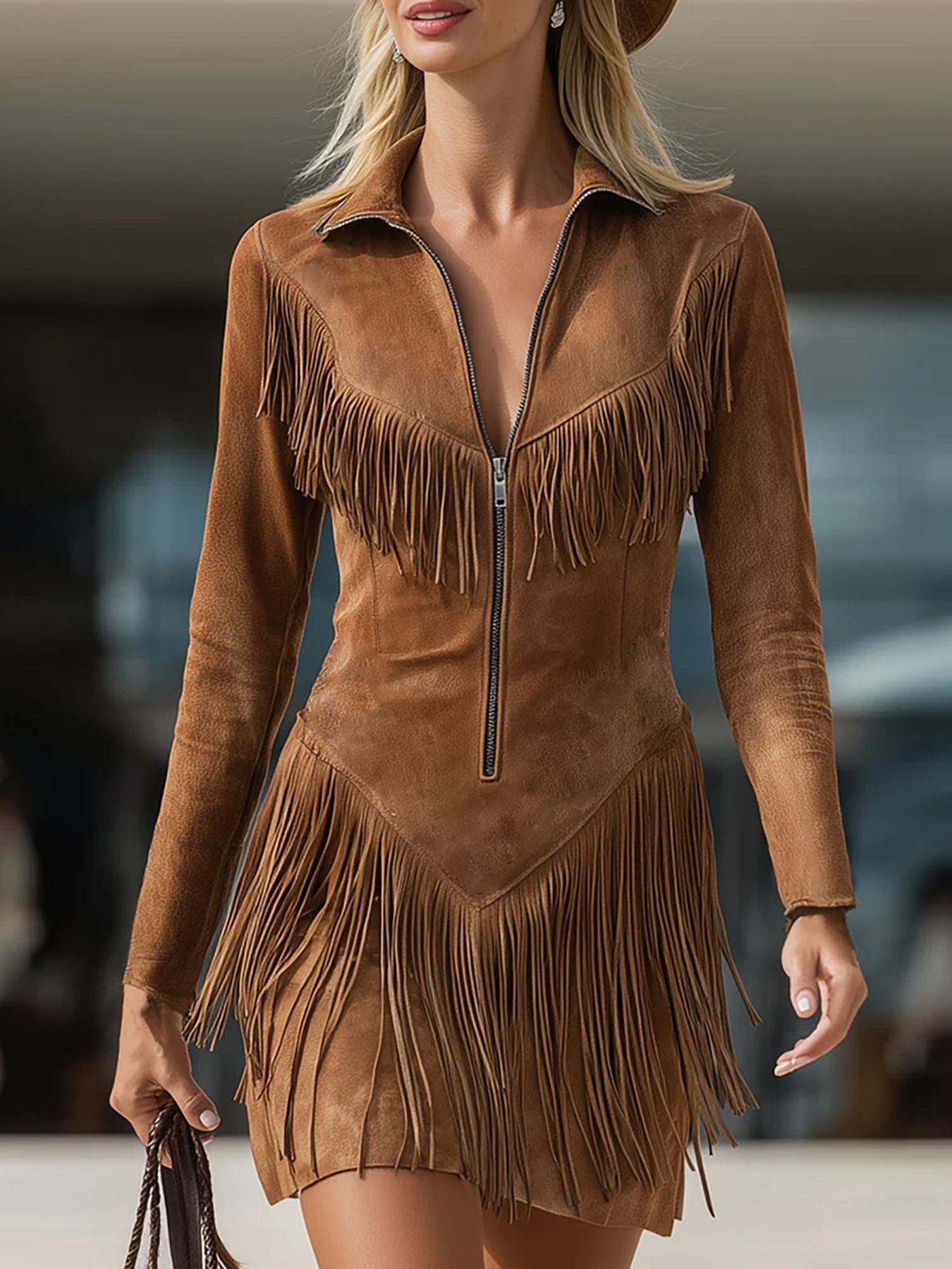 Casual long-sleeved fringed dress