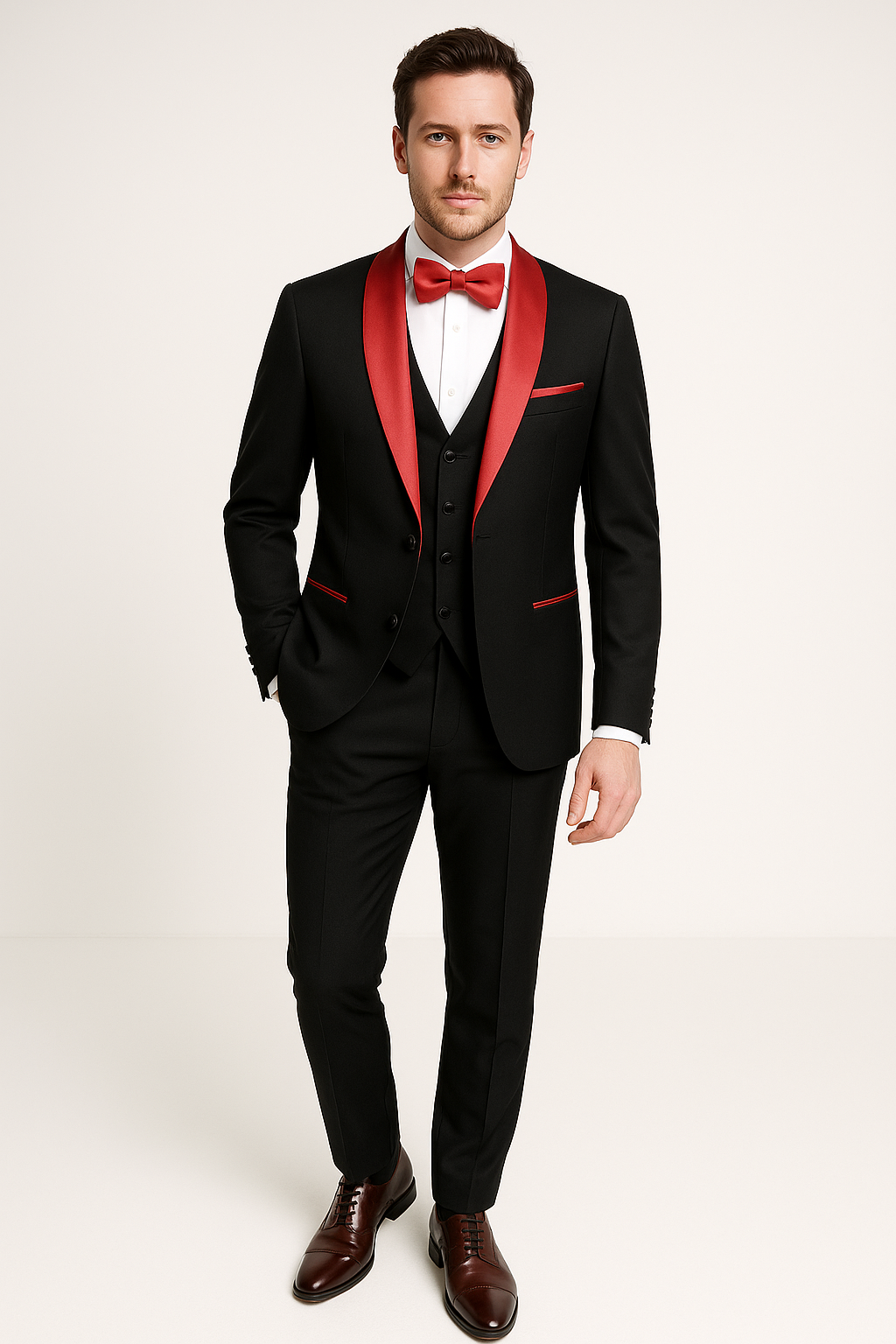 Homme en costume noir avec col et nœud papillon rouges, chemise blanche, chaussures marron. Tenue élégante pour mariage ou soirée formelle.