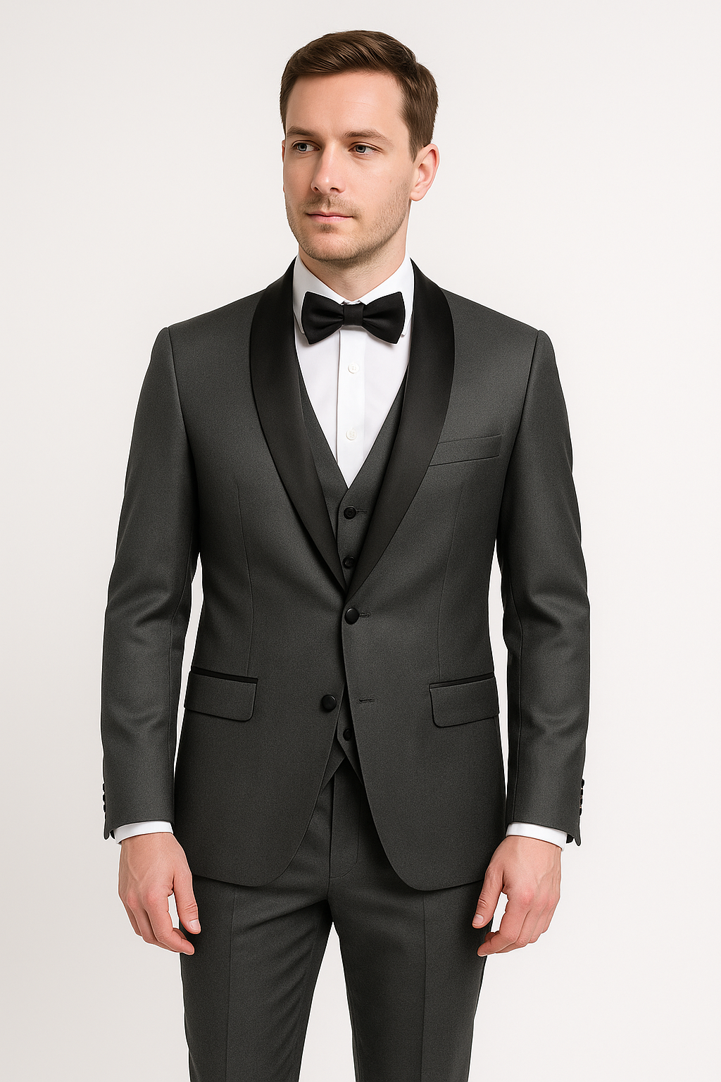 Homme en costume trois pièces gris foncé avec nœud papillon noir, chemise blanche. Mode masculine élégante, tenue de soirée formelle.
