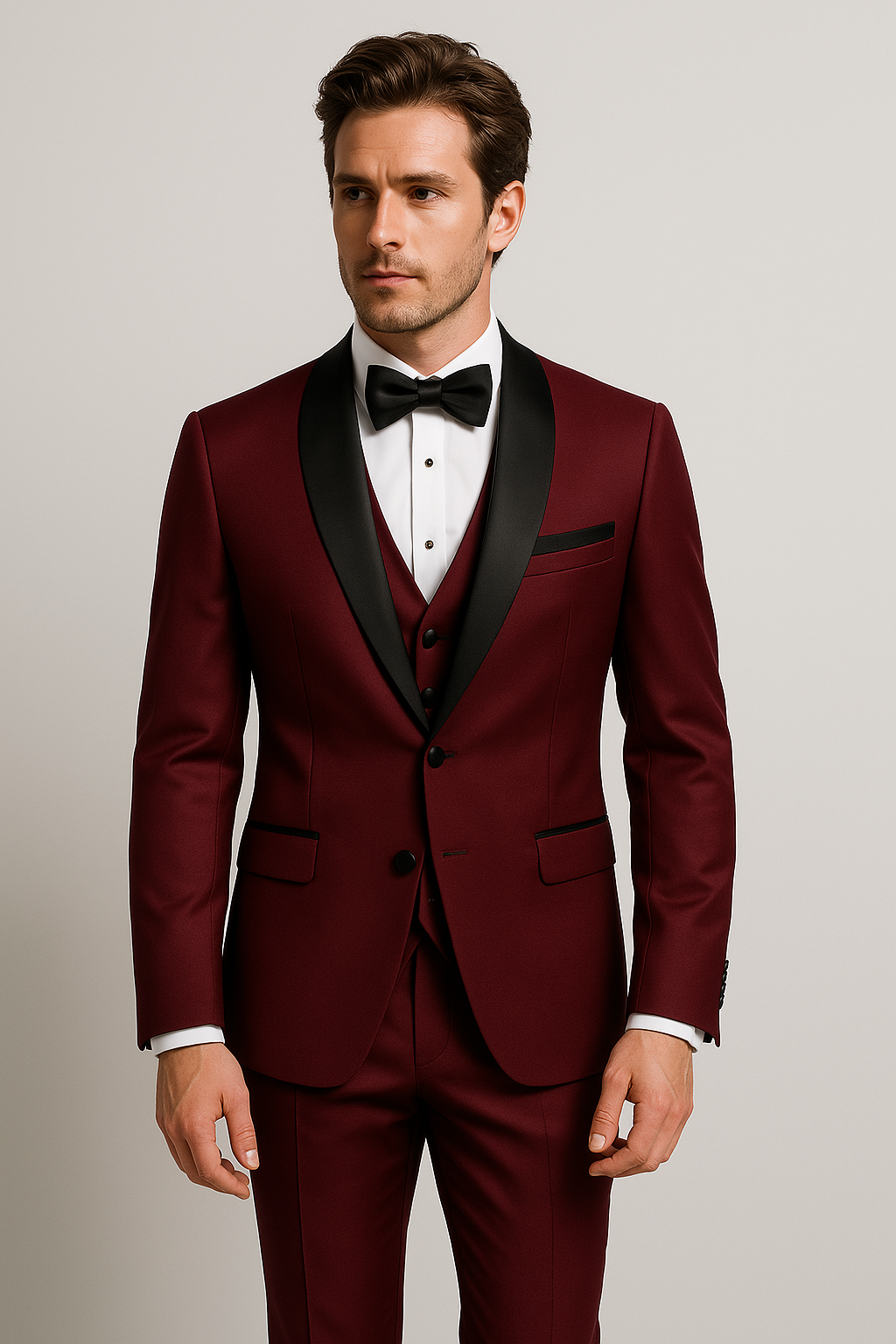 Homme en costume bordeaux élégant avec nœud papillon noir, chemise blanche, posant sur fond neutre. Mode masculine, tenue de soirée chic.