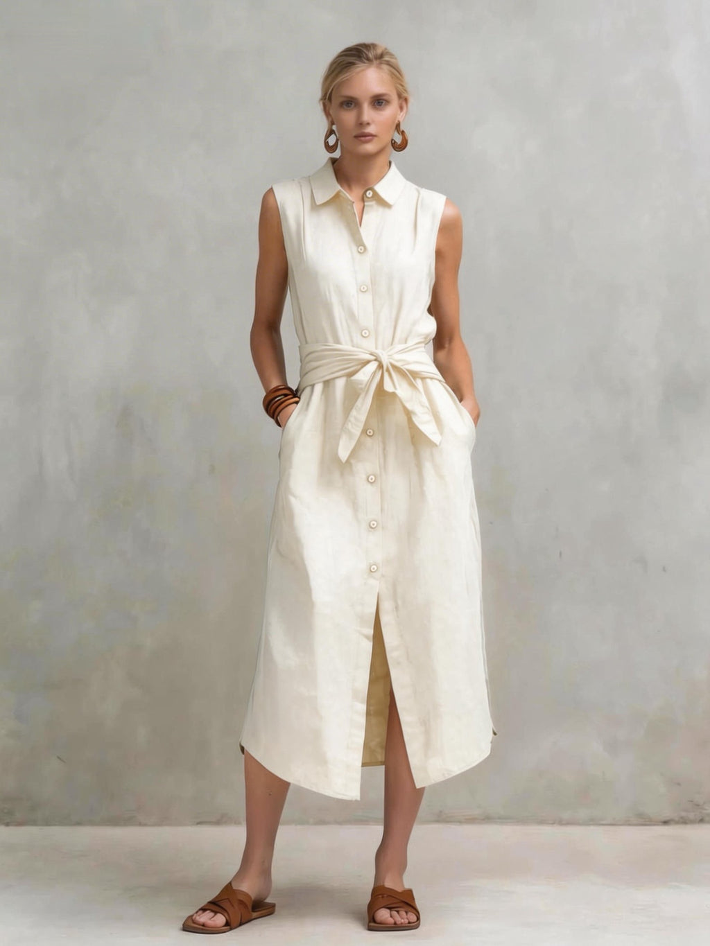 Robe droite lin-coton sans manches teinte unie