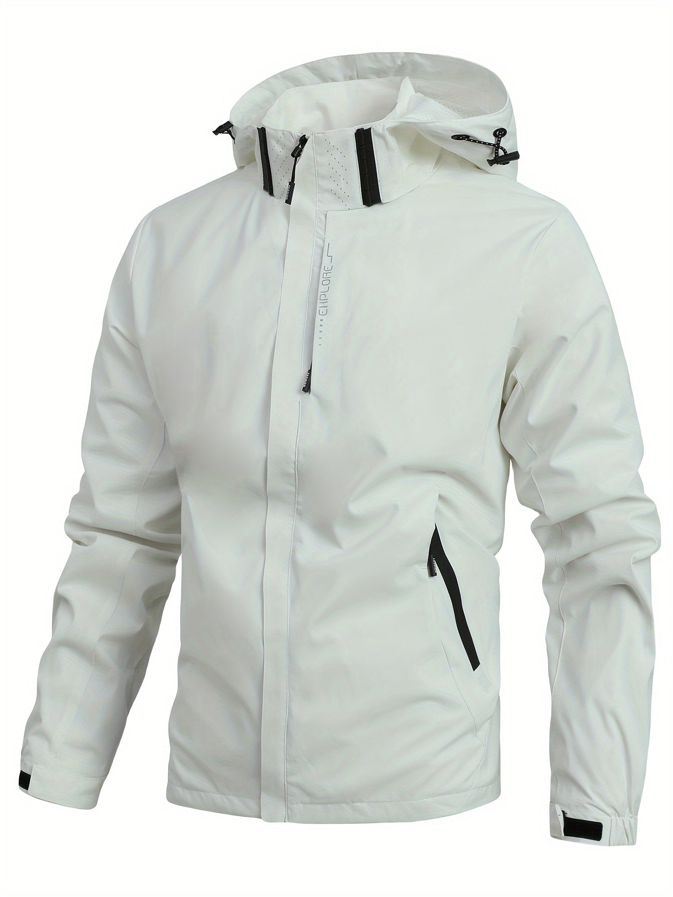 Veste imperméable blanche avec capuche, fermetures éclair noires, idéale pour activités extérieures. Design moderne et fonctionnel pour hommes.