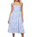 Sky blue floral midi dress with a defined waist