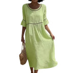 Robe élégante lin-coton, col rond, manches trois-quarts