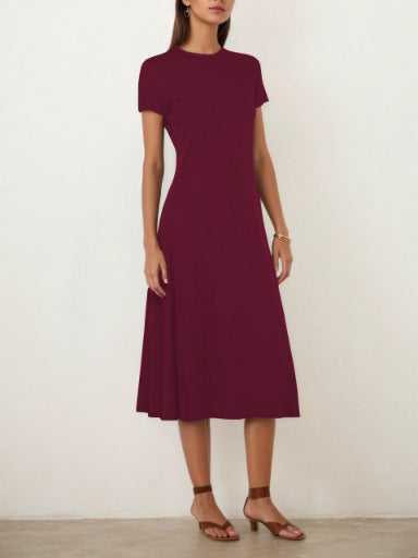 Robe d'été col rond manches courtes noir et bordeaux