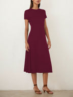 Robe d'été col rond manches courtes noir et bordeaux
