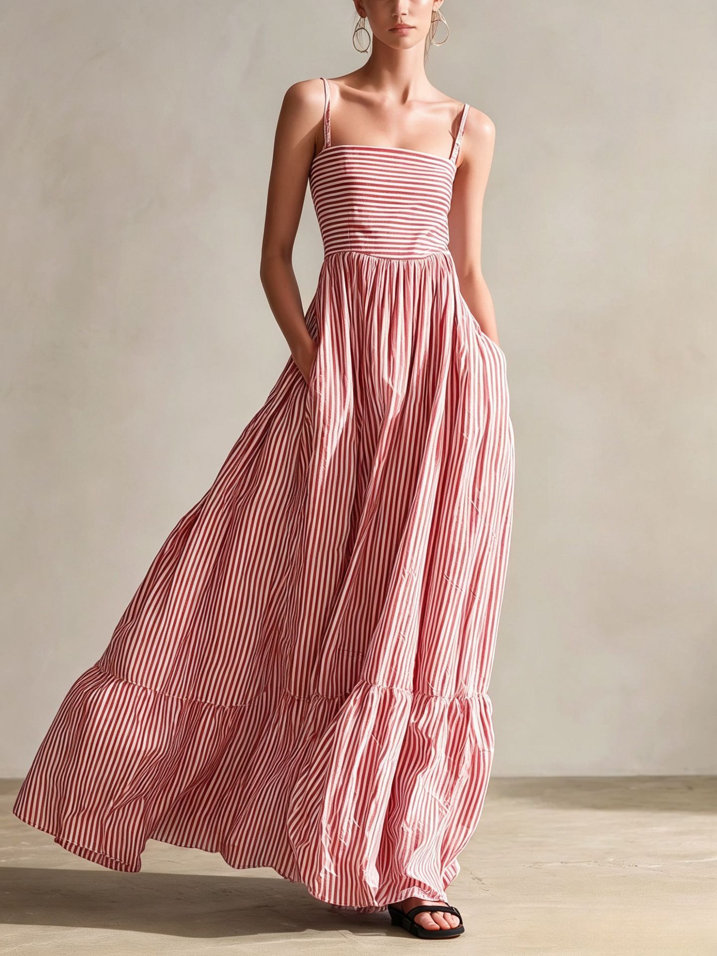 Robe longue rayée à fines bretelles