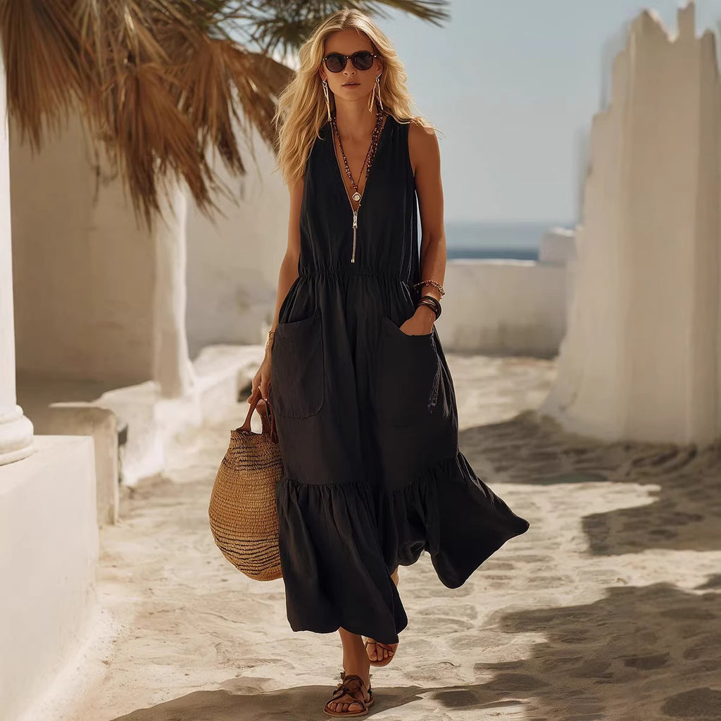 Robe Rétro Col V Poches et Manches Bouffantes