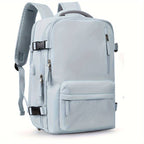 Sac à dos bleu clair moderne avec multiples poches zippées, bretelles ajustables et design ergonomique, idéal pour école ou voyage.