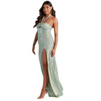 Robe longue pailletée col halter bleu émeraude