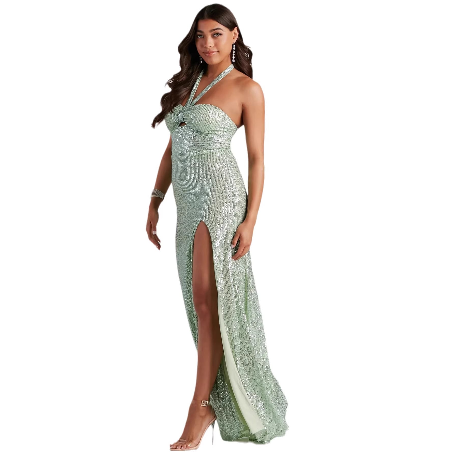 Robe longue pailletée col halter bleu émeraude