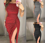 Long short-sleeved sparkly evening gown