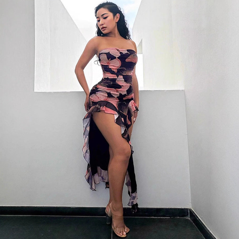 Open-back floral maxi dress with slit