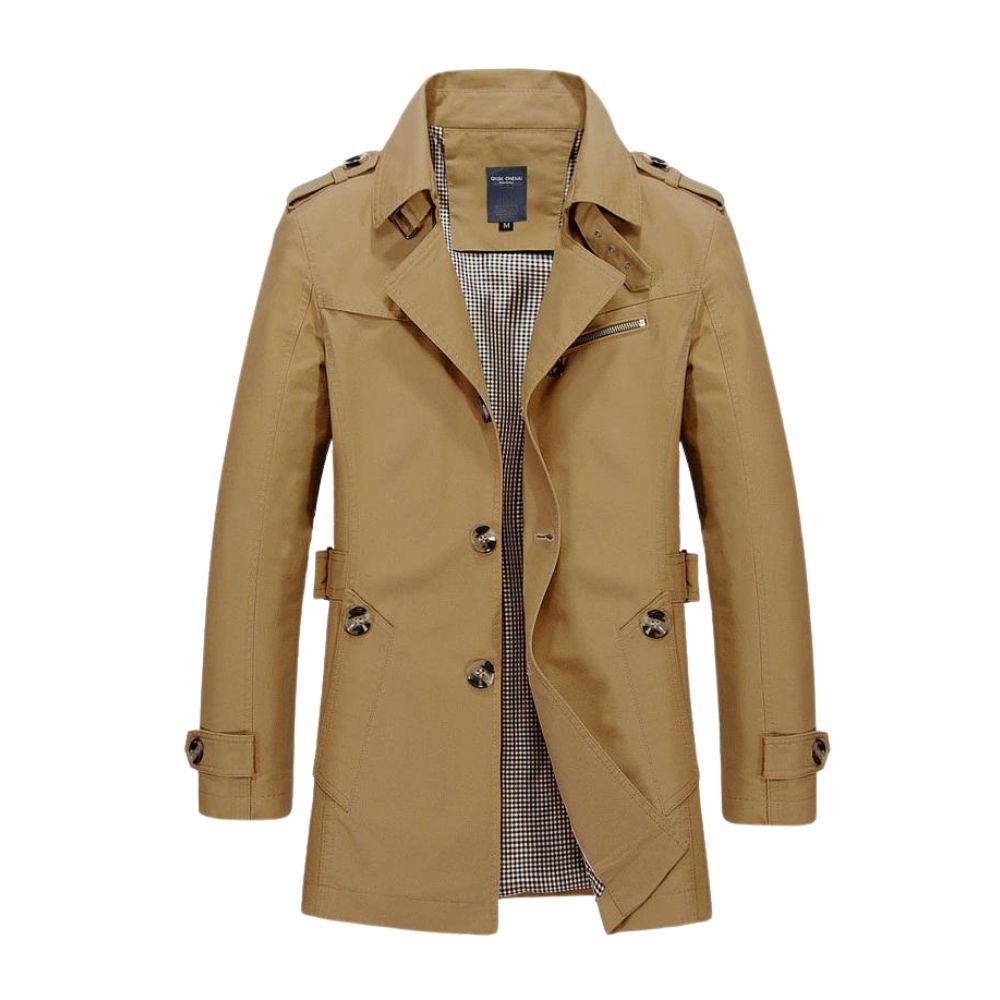 Trench-coat beige pour homme, style classique, double boutonnage, ceinture ajustable, poches latérales, idéal pour mode automne-hiver.