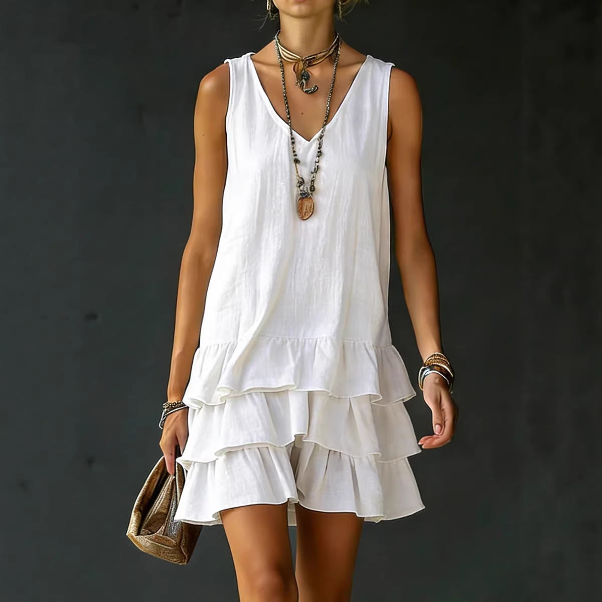 Robe lin-coton col V sans manches