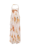 Robe longue dos nu à fleurs jaunes