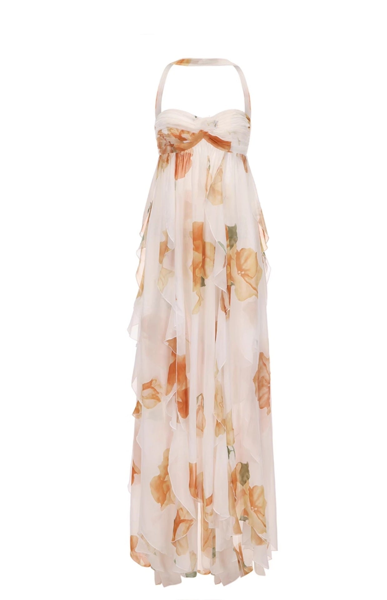 Robe longue dos nu à fleurs jaunes