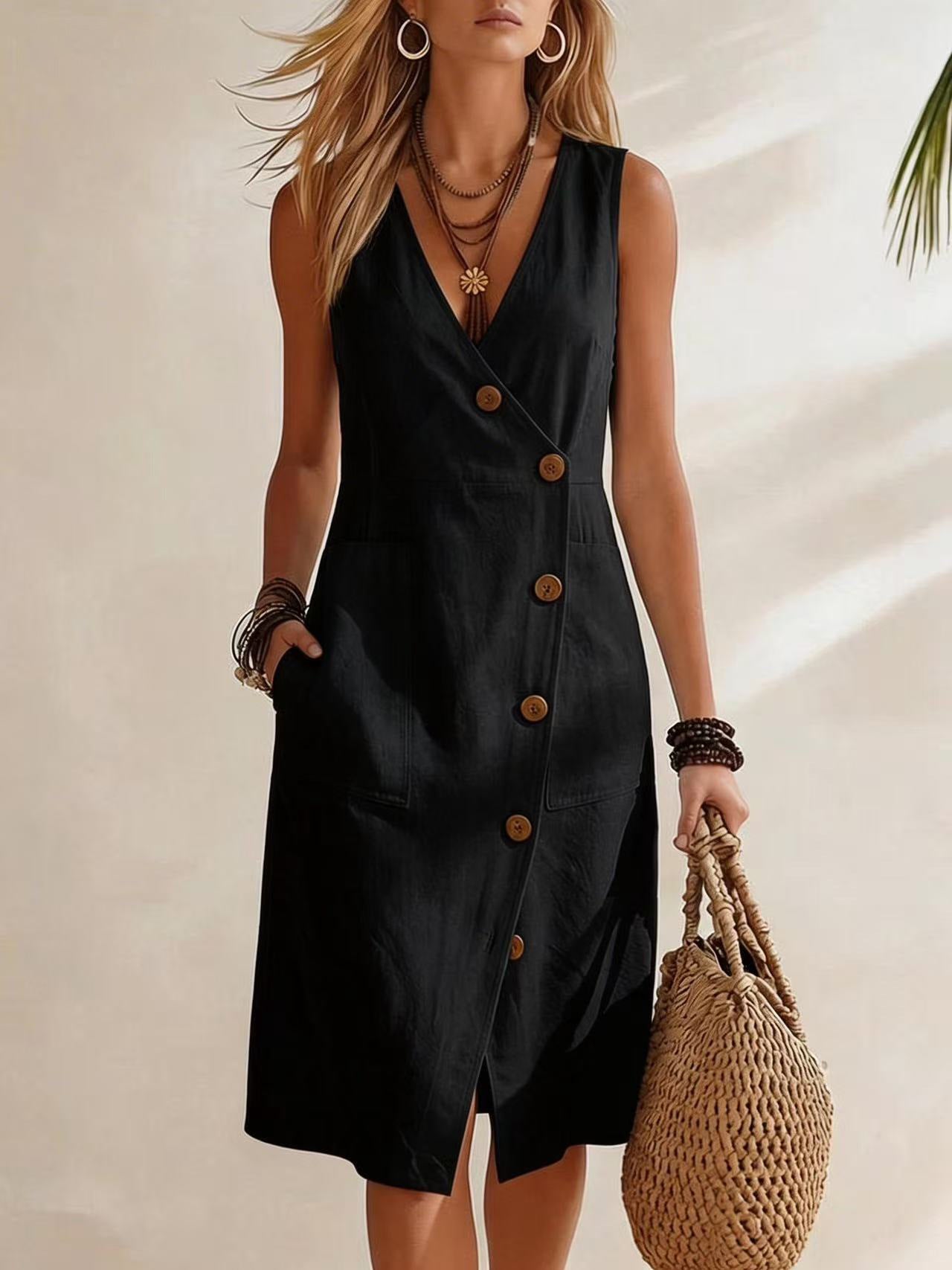 V-neck split midi dress — Casual elegance