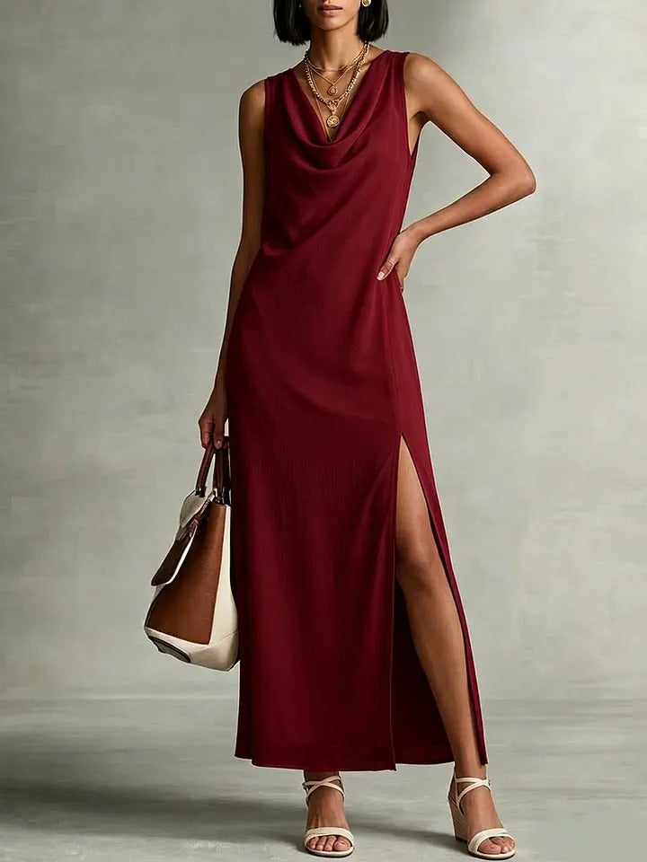 Robe fluide col drapé fendu lin polyester