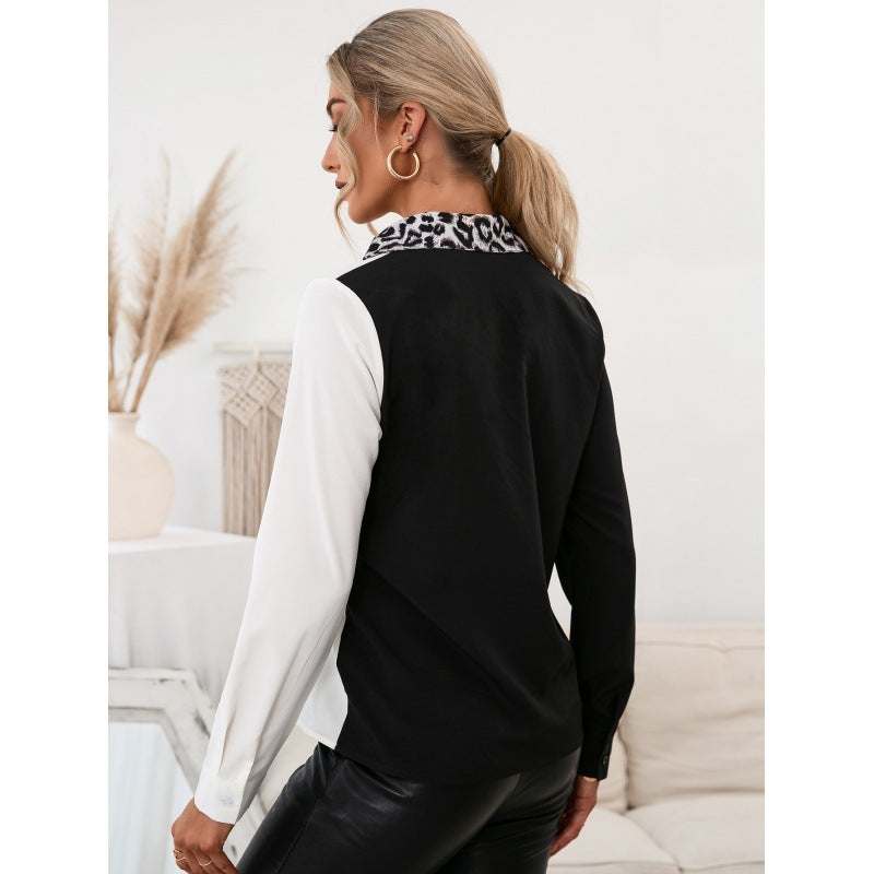 V-neck leopard long-sleeved blouse