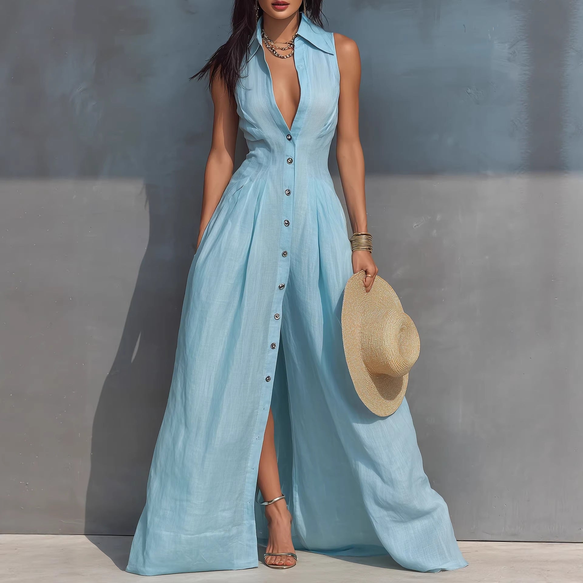 Robe chemise sans manches à taille haute