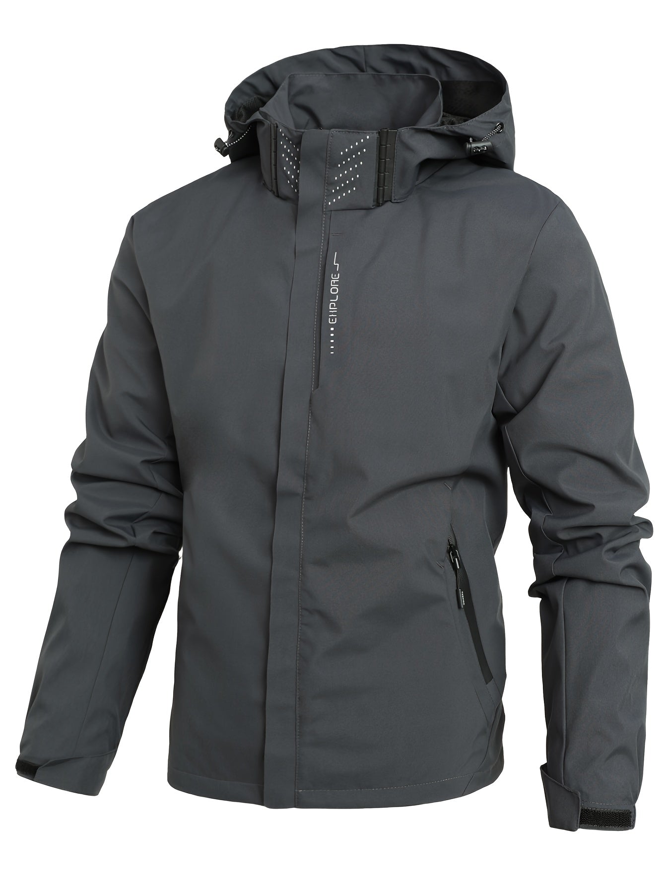Veste imperméable homme gris foncé avec capuche, fermeture éclair, poches zippées. Idéale pour randonnée, activités extérieures, protection pluie.