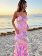 Robe longue pour femme - Bretelles spaghetti - Modèle fluide - Couche sur couche froissée