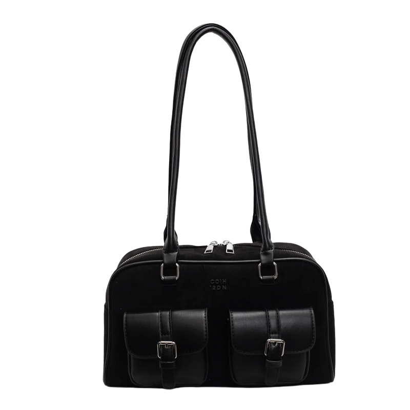 Sac à main noir élégant avec deux poches avant à boucles, anses longues, design moderne. Accessoire mode femme, cuir synthétique.