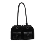 Sac à main noir élégant avec deux poches avant à boucles, anses longues, design moderne. Accessoire mode femme, cuir synthétique.