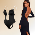 Body noir dos nu élégant avec bretelles blanches, porté par une femme en robe noire dos nu. Mode féminine chic et tendance.