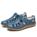 Chaussures en cuir bleu pour hommes, style décontracté, semelle antidérapante beige, design ajouré, confortables pour la marche estivale.