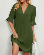 Women's Lhea Solid Midi Dress with V-neck - Autumn Edition