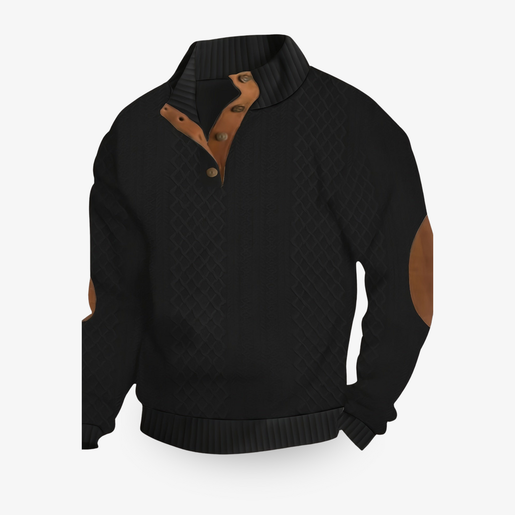 Pull-over noir en maille torsadée avec col boutonné et coudières marron. Mode homme élégante, style automne-hiver, vêtement chaud et confortable.