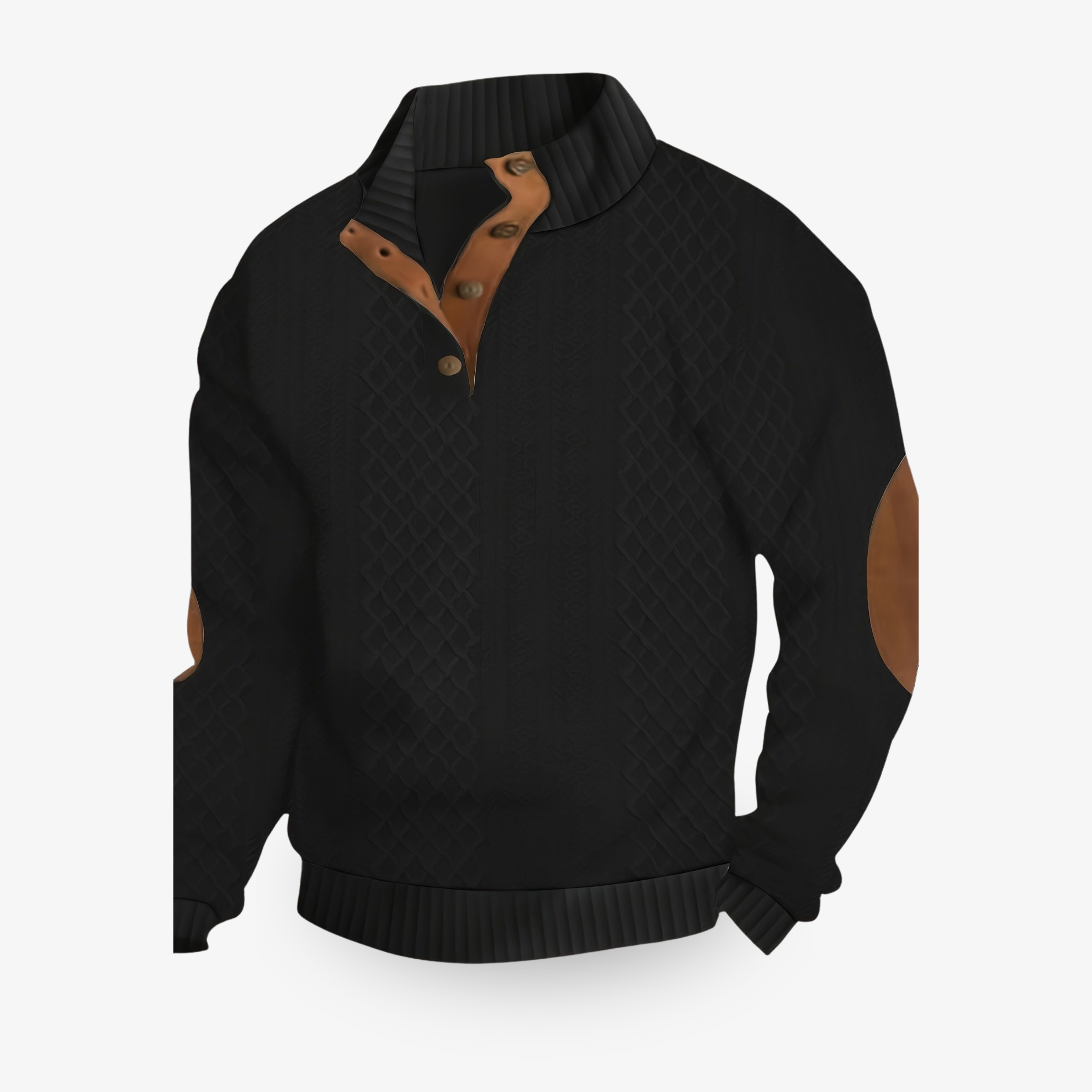 Pull-over noir en maille torsadée avec col boutonné et coudières marron. Mode homme élégante, style automne-hiver, vêtement chaud et confortable.