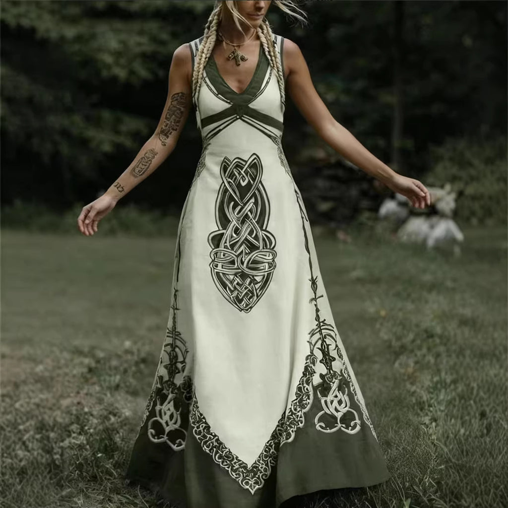 Robe longue bohème à imprimé artistique et encolure V