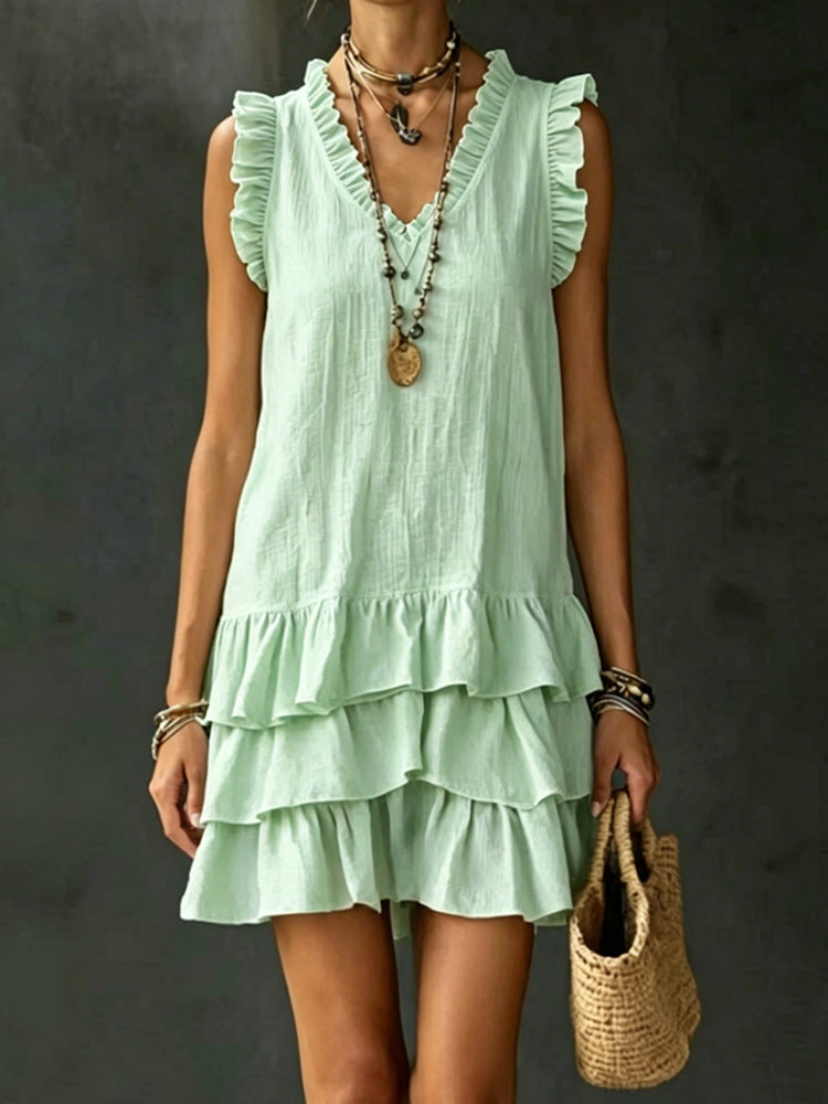 Robe fluide col V volants - Coupe ample midi