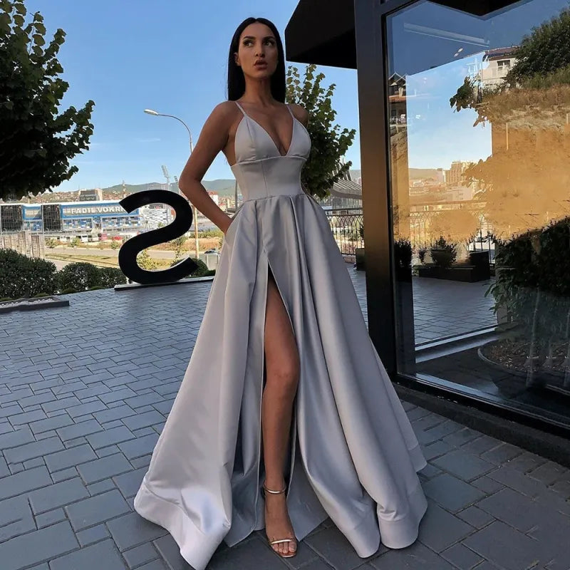 Robe longue satin à bretelles fente latérale élégant couleur unie - Chic&Shines