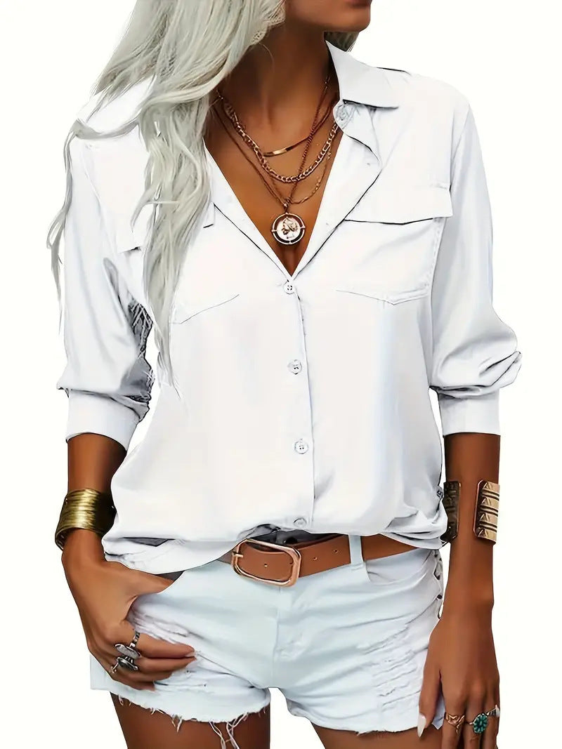Chemise col V manches longues en mousseline de soie - Chic&Shines