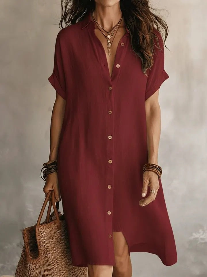Robe midi unie à manches courtes et boutons