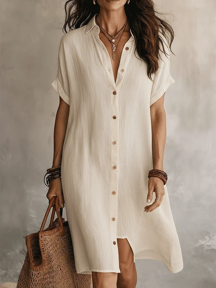 Robe midi unie à manches courtes et boutons