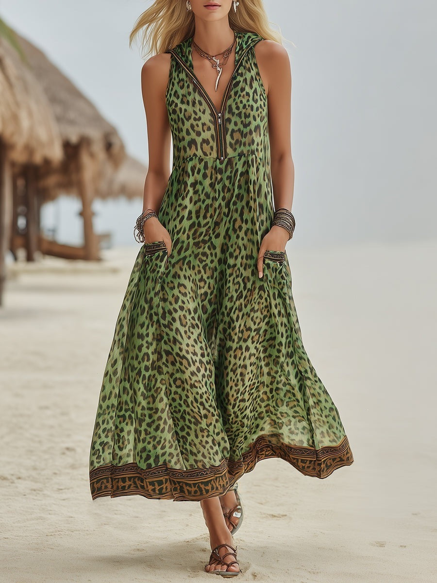 Robe midi sans manches imprimé léopard