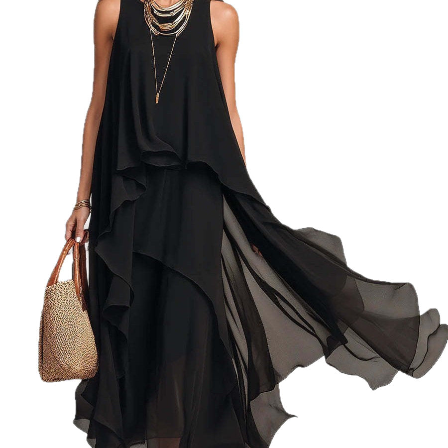 Asymmetric black sleeveless maxi dress